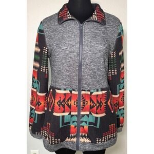 Fashion Express Jacket Women Medium Gray Orange Turqouise Aztec Print Full Zip‎